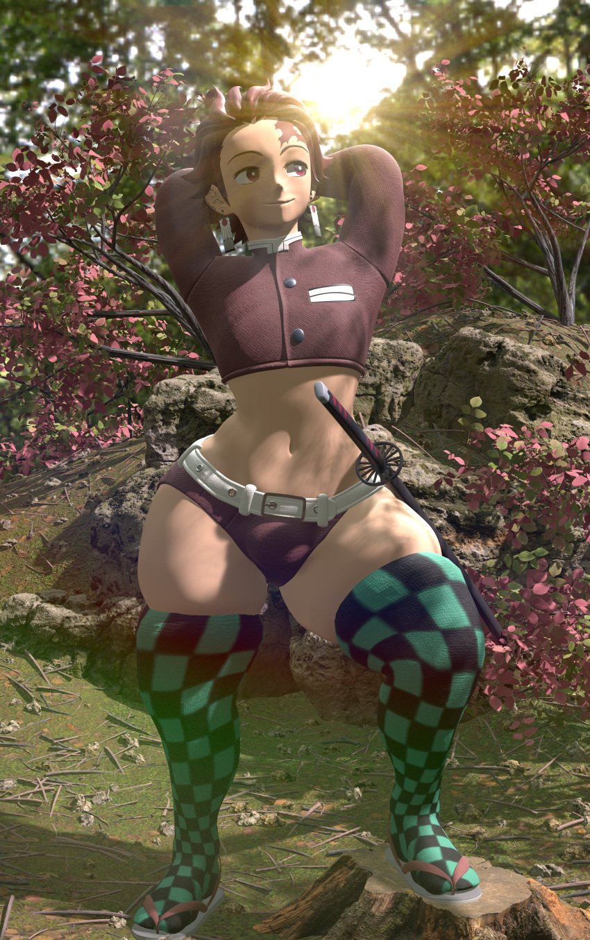 1boy 3d arms_behind_head ass belly belly_button big_ass big_butt booty_shorts bottom_heavy bubble_butt crop_top demon_slayer fat_ass femboy fully_clothed girly huge_ass huge_butt kamado_tanjirou kimetsu_no_yaiba looking_away male male_focus male_only peterraynor posing revealing_clothes round_ass sandals shorts smile solo thick_ass thick_thighs thighhighs wide_hips