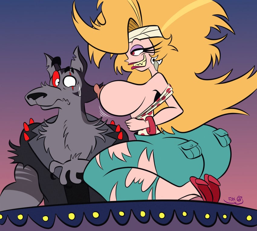 anthro ass big_breasts big_butt blonde_hair bodily_fluids breasts canid canid_demon clothed clothing demon duo elfox691 female female_on_anthro fur grey_body grey_fur hair hellhound helluva_boss hi_res human interspecies male male/female mammal martha_(helluva_boss) mature_female muscular muscular_male nipples open_mouth open_smile partially_clothed red_eyes scar smile sweat thick_thighs vortex_(helluva_boss)