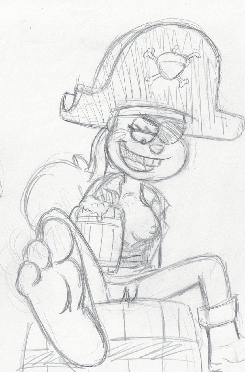 2023 anthro barrel beverage breasts buckteeth clothed clothing eye_patch eyewear feet female genitals graphite_(artwork) hi_res looking_down mammal nickelodeon nipples paramount_pictures partially_clothed pencil_(artwork) pirate_hat pirate_outfit pussy rodent sandy_cheeks sciurid simple_background sitting solo spongebob_squarepants spongebob_squarepants_(series) takeshi1000 teeth tongue traditional_media_(artwork) tree_squirrel white_background