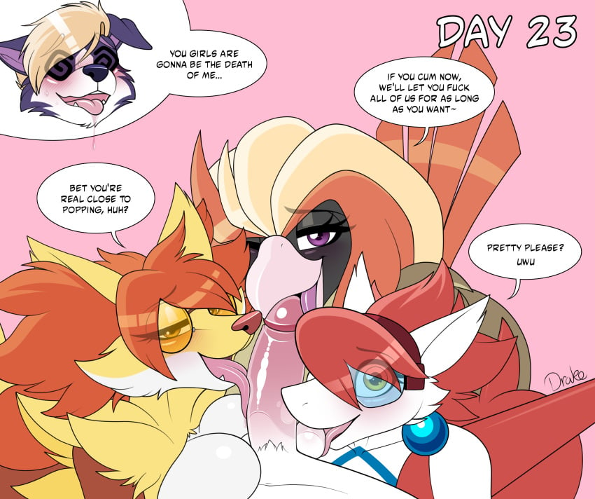 3girls animal_genitalia animal_penis anthro avian balls big_breasts collaborative_fellatio dean_(drako1997) delphox dragon drako1997 english_text fellatio female_pokemon furry furry_male latias licking licking_balls licking_penis male_anthro multiple_girls no_nut_november outercourse page_23 pidgeot pokemon pokemon_(species) poorly_tagged retracted_foreskin scalie tagme text