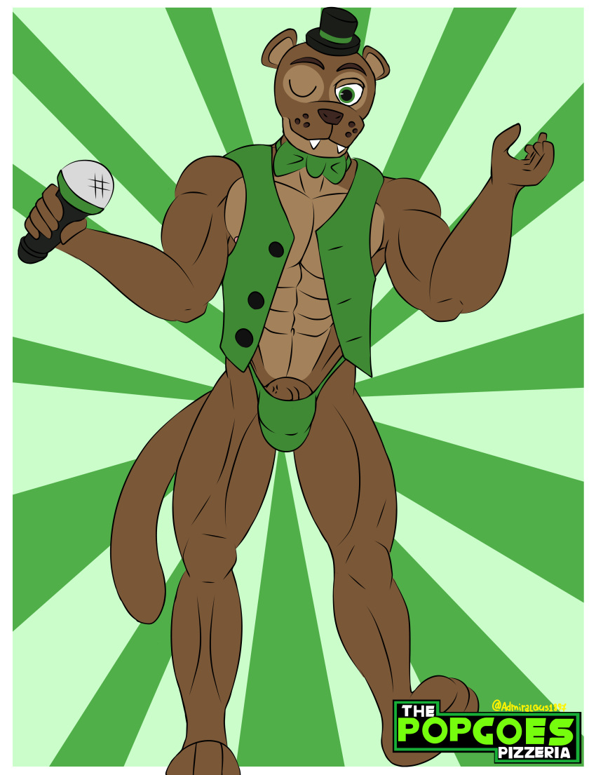 abs absurd_res admiralgus1897 anthro biceps bow_tie clothed clothing electronics fazbear_fanverse five_nights_at_freddy's hat headgear headwear hi_res looking_at_viewer male male_only mammal microphone muscular muscular_male mustelid musteline one_eye_closed open_clothing pecs popgoes popgoes_(character) popgoes_evergreen popgoes_the_weasel scottgames sharp_teeth solo teeth thong top_hat true_musteline underwear weasel wink