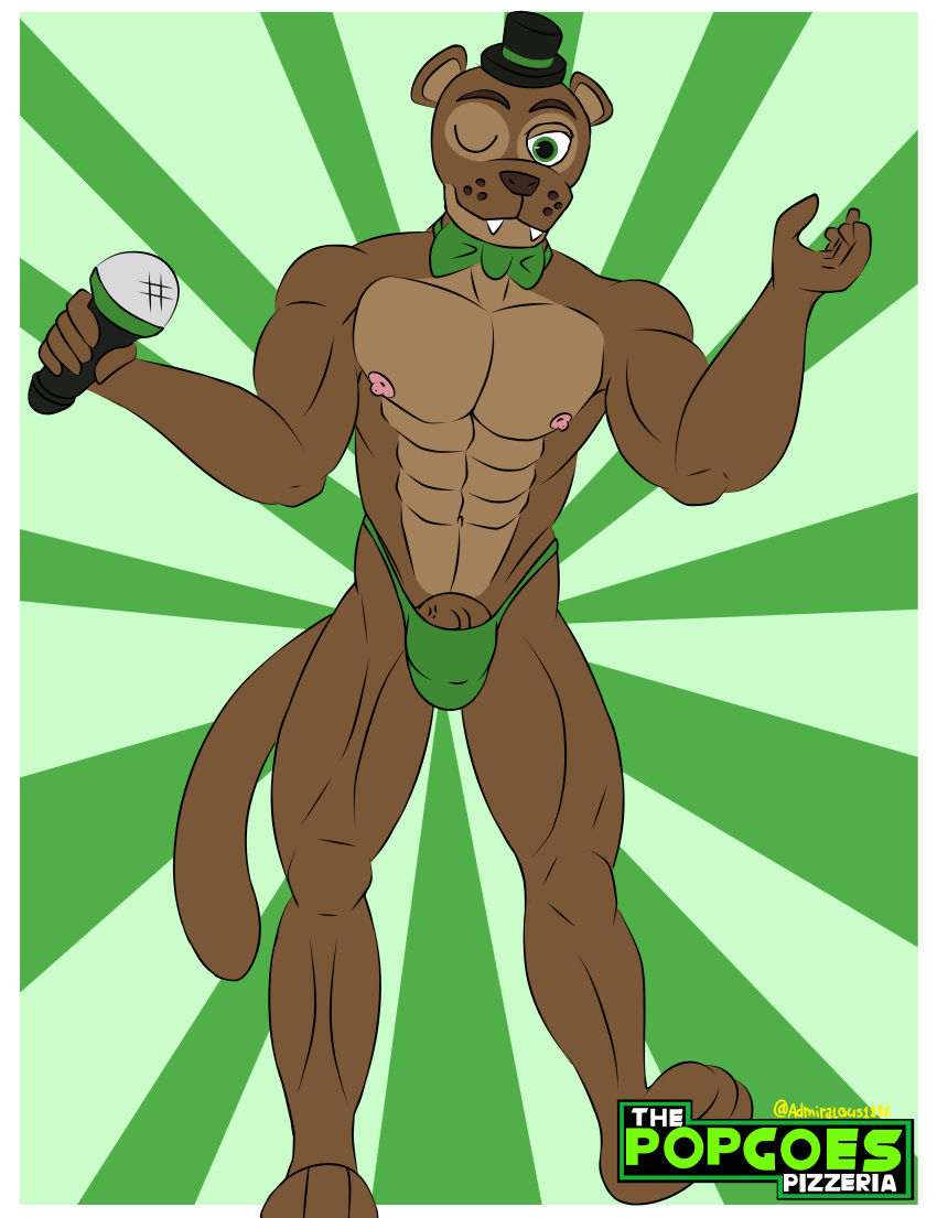 abs absurd_res admiralgus1897 anthro biceps bow_tie clothing electronics fazbear_fanverse five_nights_at_freddy's hat headgear headwear hi_res looking_at_viewer male male_only mammal microphone muscular muscular_male mustelid musteline nipples one_eye_closed pecs popgoes popgoes_(character) popgoes_evergreen popgoes_the_weasel scottgames sharp_teeth solo teeth thong top_hat true_musteline underwear weasel wink