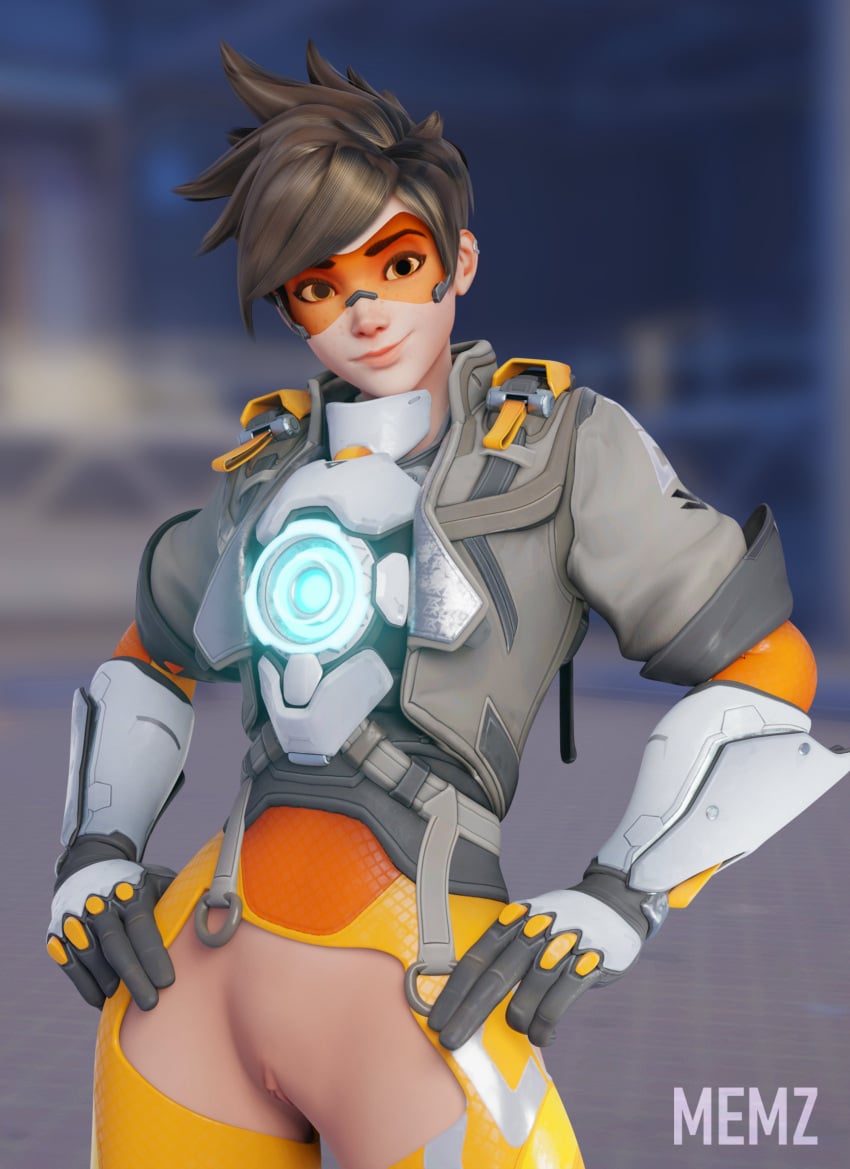 1girls 3d blurry_background bottomless female female_focus female_only googles light-skinned_female looking_at_viewer memz3d overwatch overwatch_2 pussy solo solo_female solo_focus standing tomboy tracer