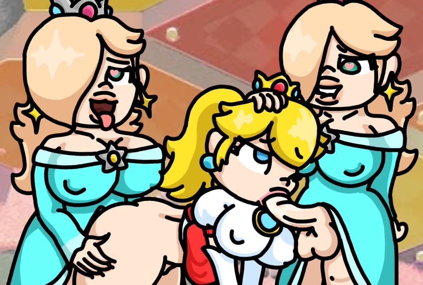 1girls 2futas all_fours anal anal_sex big_breasts biting_lip blonde_hair blowjob blue_eyes clothed clothing crown cyan_eyes dick_sucking_lips double_cherry fellatio fire_flower futanari gangbang grope groping groping_ass heart-shaped_pupils holding_head legokoopa_(artist) mario_(series) princess_peach princess_rosalina self_upload spitroast sucking_penis super_mario_3d_world thick_thighs