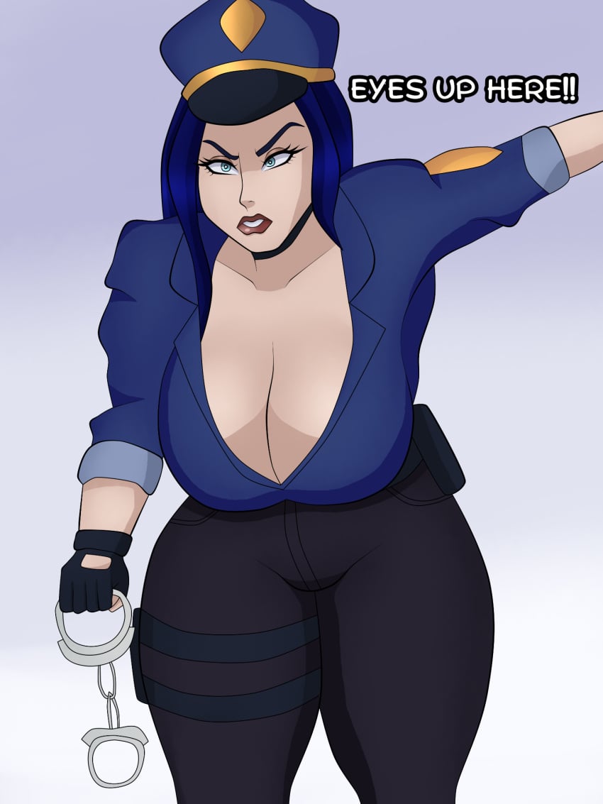 1girls angry annoyed annoyed_expression big_breasts blue_eyes blue_hair blueartfiend breast_focus breasts busty caitlyn_kiramman cleavage cops_and_robbers_series eyes_up_here handcuffs huge_boobs huge_breasts large_boobs large_breasts league_of_legends officer_caitlyn the_grind_series tight_clothing tight_pants