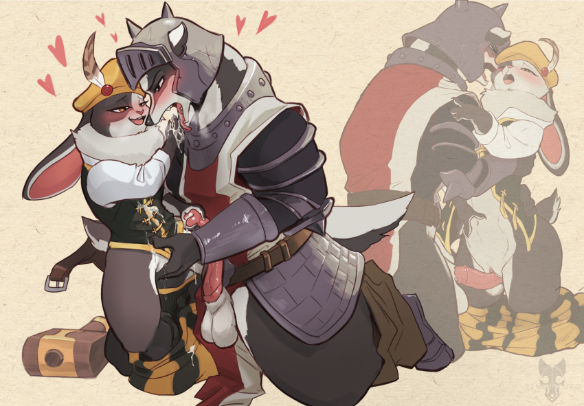 anthro armello armor badger balls black_body black_fur blush bodily_fluids bottomless bottomwear bottomwear_down clothed clothing drooling duo elyssia_(armello) erection female finger_fuck fingering fingering_partner fur genital_fluids genitals hand_lick happy hat headgear headwear heart helmet hi_res horace_(armello) knight lagomorph leporid male male/female mammal multicolored_body multicolored_fur mustelid musteline neck_tuft pants pants_down partially_clothed penis penis_grab precum pussyjob rabbit romantic romantic_couple saliva sex shirt smile tenebscuro topwear tuft two_tone_body two_tone_fur vaginal_penetration warrior white_body white_fur