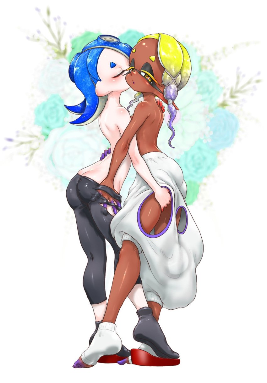 2girls ass ass_focus blue_fingers blue_hair deep_cut_(splatoon) frye_(splatoon) frye_onaga hand_on_ass inkling inkling_girl interracial interracial_yuri interspecies_yuri kiss_on_cheek kissing koharuno2 multiple_girls octoling octoling_girl red_fingers shiver_(splatoon) shiver_hohojiro splatoon splatoon_(series) splatoon_3 tentacle_hair topless topless_female yellow_hair yuri