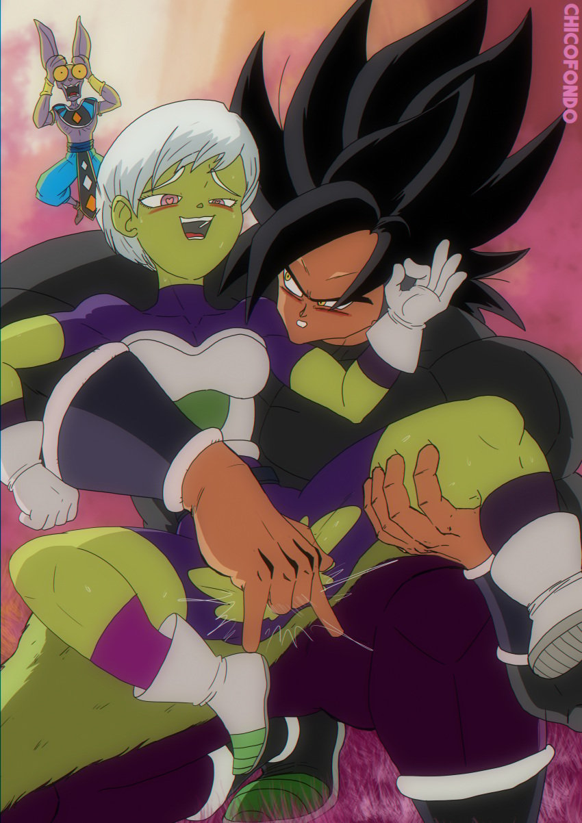 amazed armored_gloves beerus beerus'planet blush blush_lines broly broly_(dragon_ball_super) cheelai chicofondo dragon_ball dragon_ball_super dragon_ball_super_super_hero female fingering holding_body holding_leg legendary_super_saiyan male ok_sign saiyan_armor spandex_shorts squirting super_saiyan wrath_state