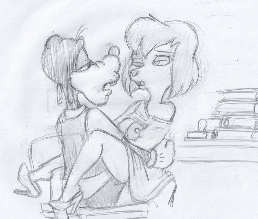 2023 anthro anthro_only ass book breasts canid canine canis chair clothed clothing desk disney domestic_dog duo female footwear furniture goof_troop goofy_(disney) graphite_(artwork) half-closed_eyes hi_res high_heels male male/female mammal narrowed_eyes nipples open_mouth partially_clothed pencil_(artwork) sex simple_background sylvia_marpole table takeshi1000 tongue traditional_media_(artwork) white_background