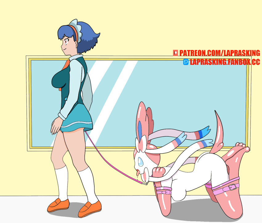 all_fours bitchsuit bondage breasts butt_plug collar corruption furry laprasking latex leash miette_(pokemon) mind_break nintendo pet_play pokemon rubber serena_(pokemon) sylveon tongue_out