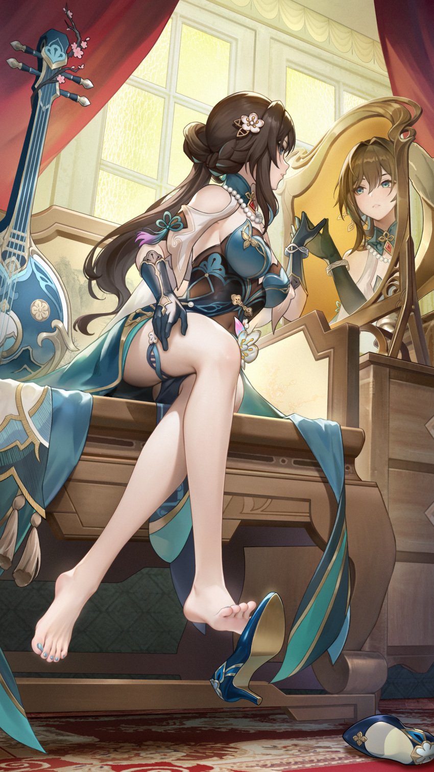 1girls ankles barefoot blush bones brown_hair feet feet_bones feet_fetish feet_out_of_frame foot_fetish green_eyes green_toenail_polish green_toenails hle honkai:_star_rail honkai_(series) hoyoverse innocent le_(huanglongen) legs mihoyo mirror penis perfect_body perfect_feet pink_feet polish ruan_mei_(honkai:_star_rail) secretly_loves_it seductive seductive_eyes seductive_face seductive_female seductive_look seductive_pose shoe_dangle showing_feet slender slender_body soles standing thick_thighs thighs toenail_polish toenails toes toes_up unaware unsuspecting