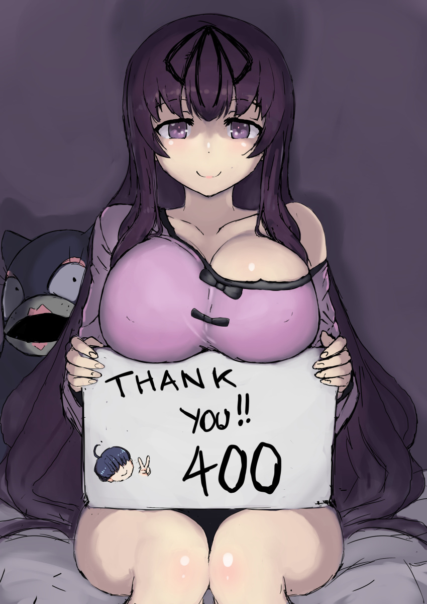 2023 absurdres bare_legs bare_shoulders breasts female highres jeaike_art large_breasts long_hair looking_at_viewer marvelous milestone_celebration murasaki_(senran_kagura) pajamas purple_eyes purple_hair purple_theme senran_kagura sign smile thank_you very_long_hair