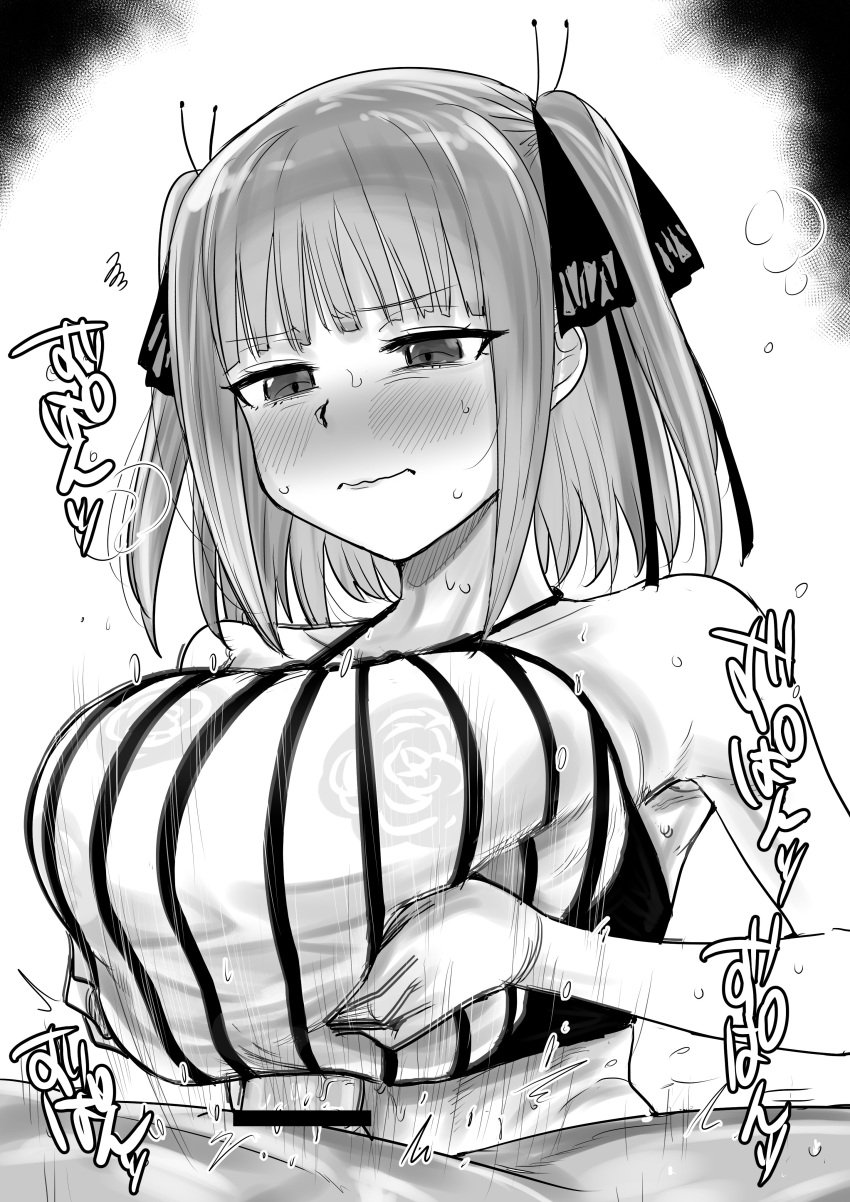 1boy absurdres bar_censor bare_shoulders bikini blunt_bangs blush breasts butterfly_hair_ornament censored closed_mouth cut_bangs embarrassed female go-toubun_no_hanayome greyscale hair_ornament highres kaiman_garupan large_breasts monochrome nakano_nino paizuri paizuri_under_clothes penis short_hair simple_background straight sweat swimsuit two_side_up