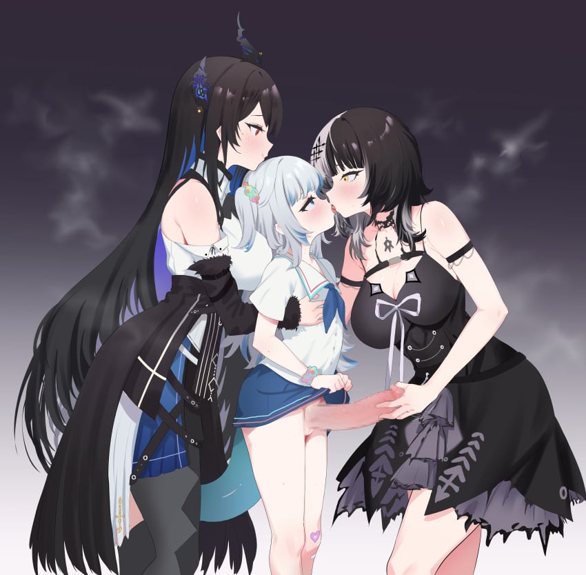 1futa 2girls absurdres bare_shoulders big_breasts big_penis black_dress black_hair blue_eyes blue_hair blue_skirt bottomless breasts censored clothed clothing colored_inner_hair darkdeaththorn dress erection female fff_threesome french_kiss from_side fully_clothed futa_with_female futanari gawr_gura grey_hair group_sex hair_ornament highres hololive hololive_english hololive_english_-advent- hololive_myth horns huge_cock human kissing lifted_by_self light-skinned_female light-skinned_futanari light_skin long_hair long_sleeves mosaic_censoring mostly_clothed multicolored_hair multiple_girls nerissa_ravencroft penis red_eyes shiori_novella shirt short_sleeves skirt sleeveless sleeveless_dress small_but_hung smaller_futanari smile split-color_hair standing streaked_hair tail threesome tongue tongue_out two-tone_hair virtual_youtuber white_shirt yellow_eyes