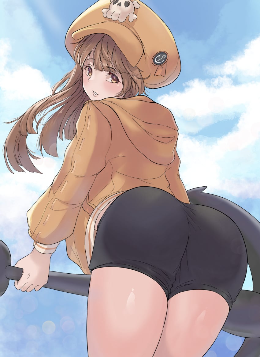 1girls anchor ass ass_focus big_ass bike_shorts black_shorts bottomwear brown_eyes brown_hair calmgreentori clothing dat_ass female female_only guilty_gear hat headwear holding_weapon hoodie huge_ass may_(guilty_gear) orange_hoodie short_hair short_shorts shorts solo solo_female thighs topwear weapon