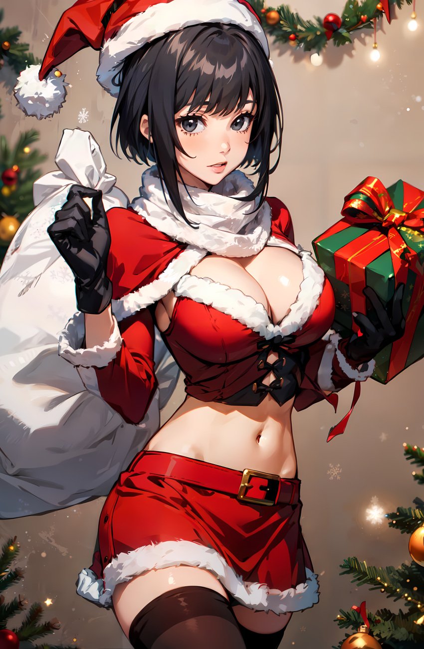 ai_generated aura_michibane black_eyes black_hair bleach breasts christmas christmas_outfit cleavage female gloves hat merry_christmas midriff navel sack santa santa_costume santa_hat scarf short_hair skirt solo stable_diffusion thighhighs unstable_diffusion