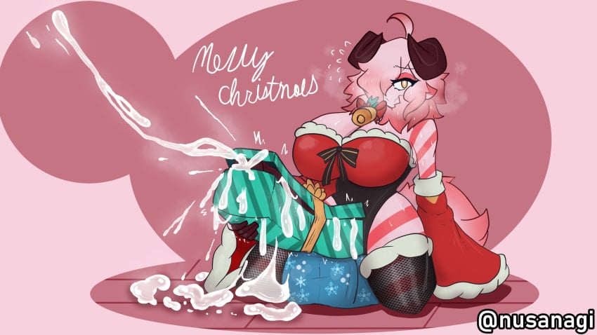 1futa ahoge bell black_ribbon christmas christmas_present cumshot dick_in_a_box ejaculation erection fishnet_stockings fluffy_tail fur_trim futa_only futanari goat_girl gradient_hair holly_(plant) horns horse_penis horsecock horsecock_futanari huge_breasts huge_cock humanoid kneeling nusanagi orgasm piiperita_von_krampii_(nusanagi) pink_eyelids pink_fur pink_hair pink_mane pink_skin red_ribbon ribbon santa_costume sitting striped_body yellow_eyes