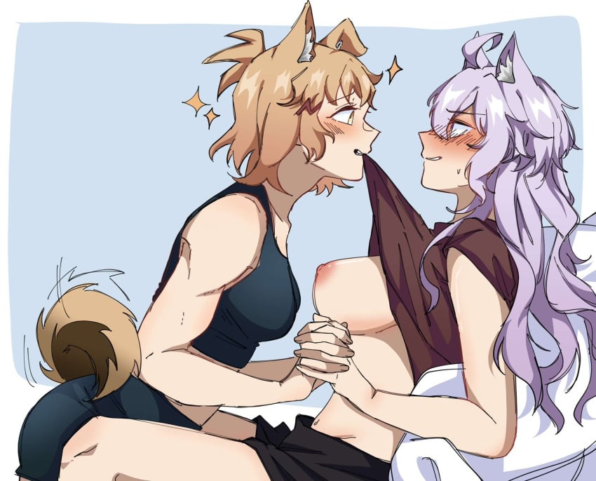 2girls akasukiane04 animal_ears blonde_hair blush breasts cat_ears cat_tail clothes_in_mouth clothes_lift dog_ears dog_tail highres holding_hands large_breasts long_hair medium_hair mouth_hold multiple_girls muscular muscular_female nipples senki_zesshou_symphogear shirt_in_mouth shirt_lift tachibana_hibiki_(symphogear) tail white_hair wholesome yukine_chris yuri