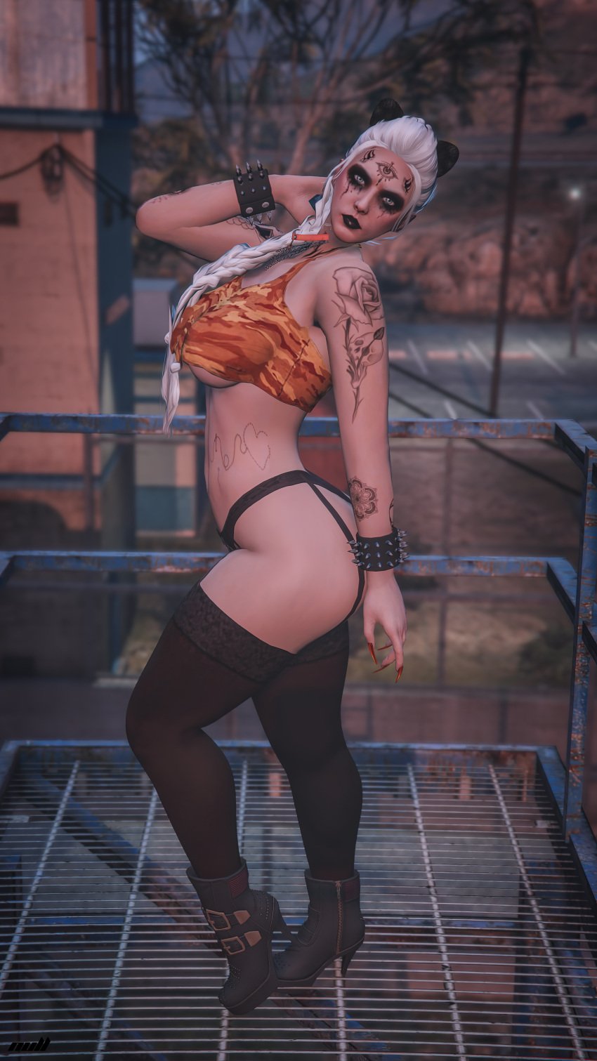 1girls black_lipstick blue_eyes breasts breasts breasts cat_ears choker female grand_theft_auto grand_theft_auto_online grand_theft_auto_v heel_boots heels lingerie nails neko_mimi(nopixel) nopixel nullinvoid prisoner spikes stockings tattoo tattoo_on_belly tattooed_arm tattoos thick_ass thick_thighs thighs underboob underwear white_hair