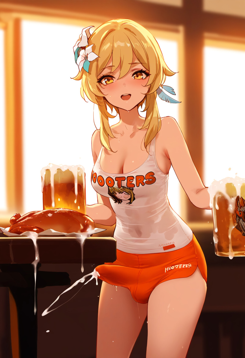 ai_generated beer blonde_hair bulge bulge_through_clothing cum cum_through_clothes cumdrip doseogwan ejaculation erection erection_under_clothes futa_only futanari genshin_impact handsfree_ejaculation looking_at_viewer lumine_(genshin_impact) open_mouth short_hair shorts smile sweat waitress