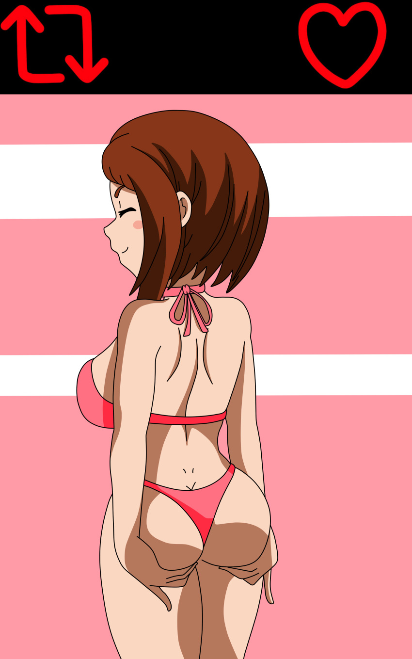 ass ass_focus ass_grab back back_view big_ass big_booty big_breasts big_breasts bikini boku_no_hero_academia closed_eyes female my_hero_academia ochako_uraraka setthh98 shaking_ass smile