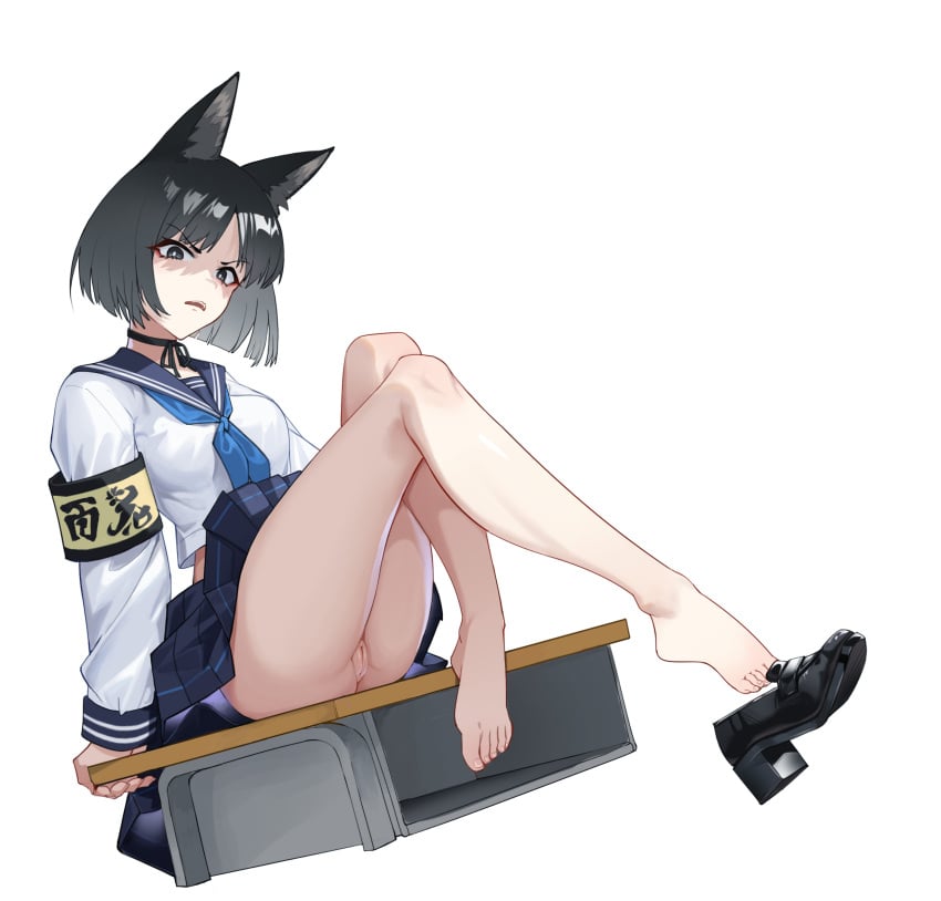 allied_hyakkiyako_academy_student animal_ears annoyed armband bare_legs barefoot black-little black_choker black_hair black_ribbon black_sailor_collar black_skirt blue_archive blue_halo blue_neckerchief breasts cat_ears choker disgusted feet female footwear_fetish halo highres hyakkaryouran_conflict_resolution_council_(blue_archive) kikyou_(blue_archive) long_sleeves looking_at_viewer lying medium_breasts navel neckerchief no_halo no_panties pussy ribbon ribbon_choker sailor_collar school_uniform serafuku shirt shoe_dangle shoes short_hair single_shoe skirt solo white_shirt