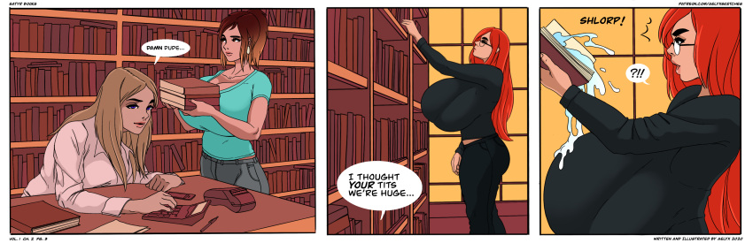 aelyx books bookshelf breasts comic comic_page cum hyper_breasts redheadchan