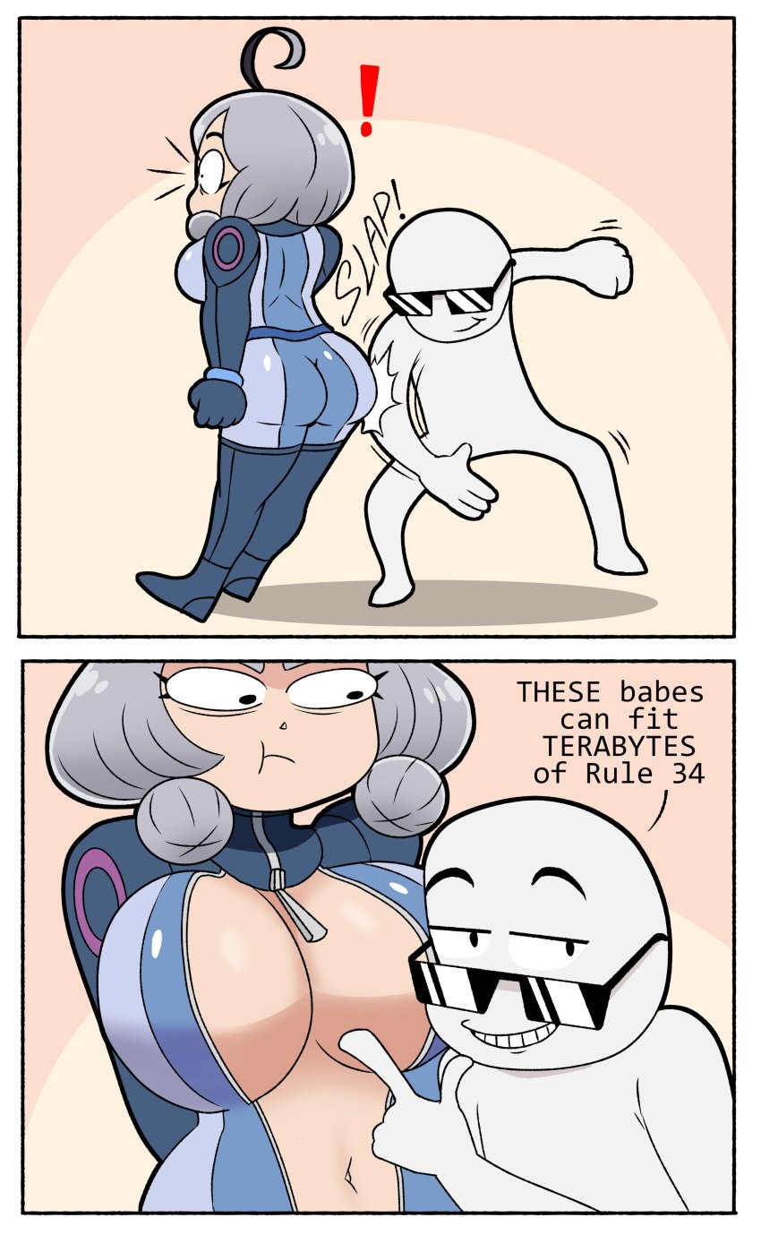 ! 2koma ahoge andreolamuller angry annoyed anon ass belly_button big_butt black_eyes bodysuit breasts butt_slap chunkymoon dat_ass english_text funny grey_hair huge_breasts humor inner_sideboob light-skinned_female light_skin looking_at_another moo_(chunkymoon) original pointing_at_breasts slapping_butt sunglasses text zipper