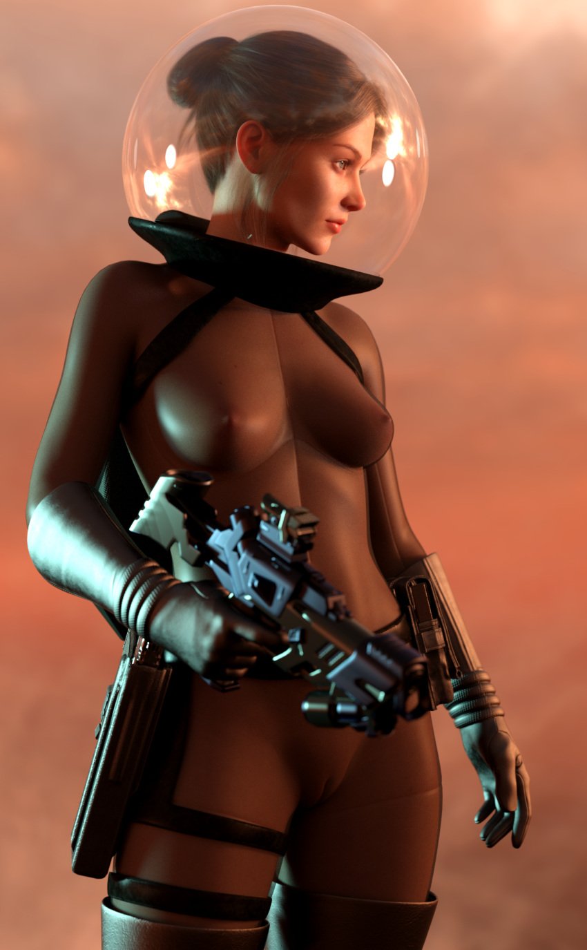 3d blonde_hair_female bubble_helmet functionally_nude_female gloves green_eyes hair_bun hairless_pussy holster jayyboww military nude nude_female pinup ray_gun retro retro_futurism space_suit thigh_high_boots transparent_clothing wallpaper weapon_in_hand