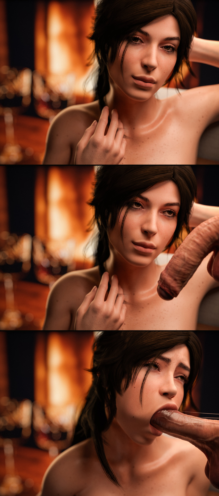 1boy 1girls 3d balls big_lips blowjob blurred_background brown_hair caucasian cheek_bulge cock_worship comic depth_of_field disembodied_penis eyebrows eyelashes female female_focus fireplace foreskin hands-free huge_lips human indoors lara_croft lara_croft_(survivor) light-skinned_female light-skinned_male lips living_room long_image male mole_(marking) nudumart oral penis petite pink_lips plump_lips saliva saliva_string skinny slim small_balls small_penis testicles thick_lips tomb_raider tomb_raider_(survivor) wrinkled_penis