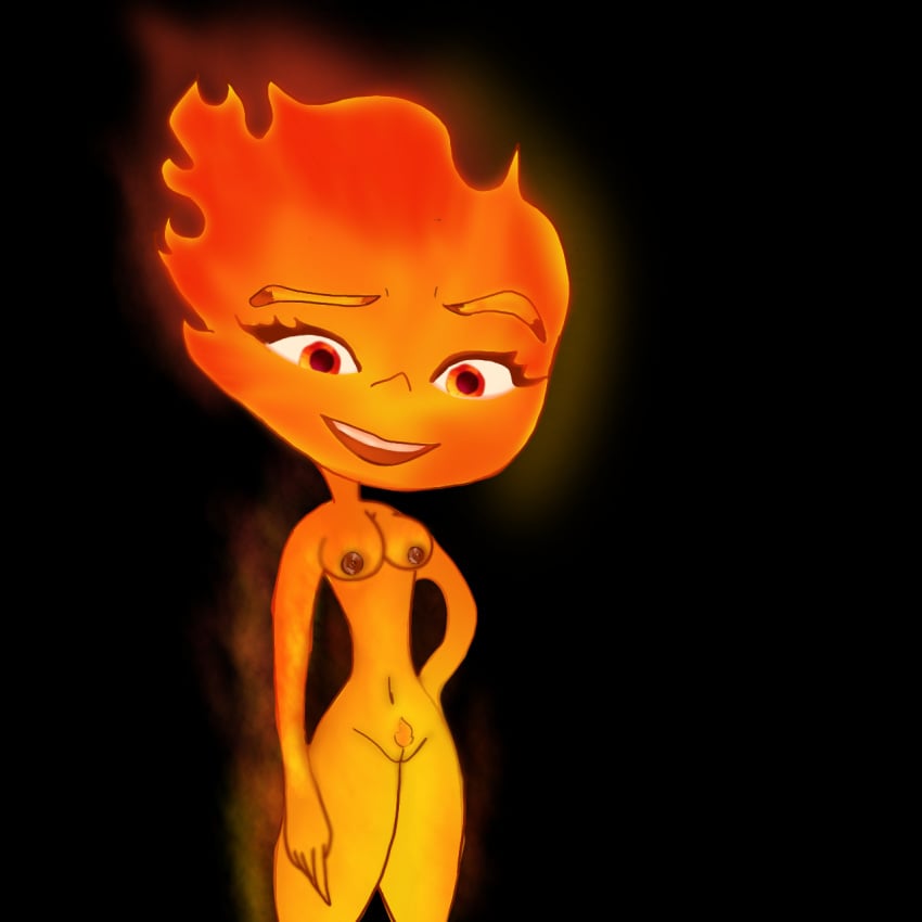 big_pupils elemental_(pixar) ember_lumen fire fire_girl looking_at_viewer no_clothes nude_female one_hand_on_hip pixar shaped_pubic_hair skinny small_body small_pussy smiling thick_thighs undressed