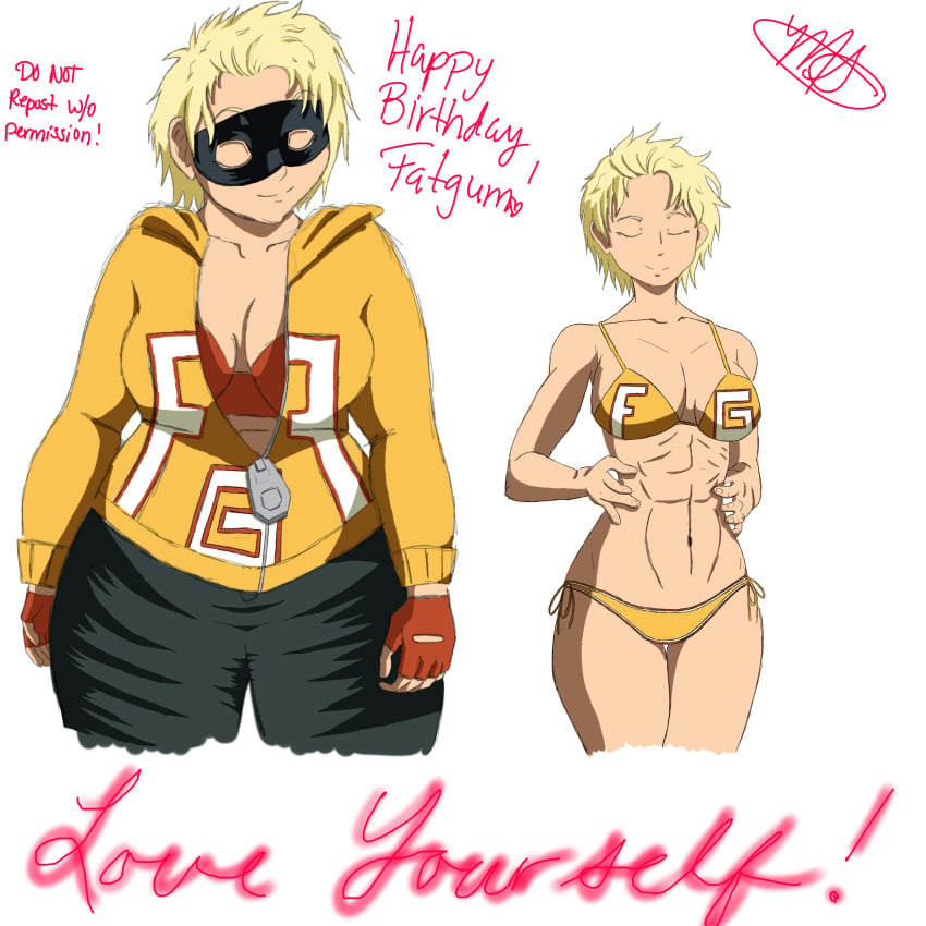 1girls artist_request bikini blonde_hair cleavage fatgum female female_focus female_only genderswap_(mtf) mask my_hero_academia rule_63 short_hair_female solo taishiro_toyomitsu thick toyomitsu_taishirou