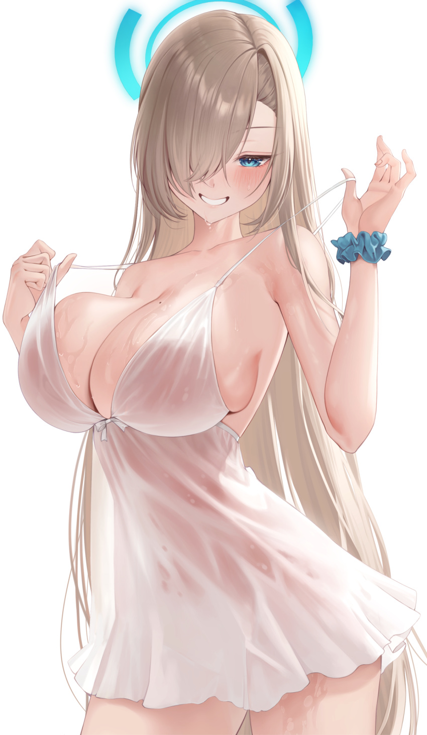 1girls asuna_(blue_archive) blonde_hair blue_archive blue_eyes breasts cleaning_&_clearing_(blue_archive) cleavage dress female hair_over_one_eye halo huge_breasts light-skinned_female light_skin long_hair meraring millennium_science_school_student naughty_face no_underwear smile white_dress