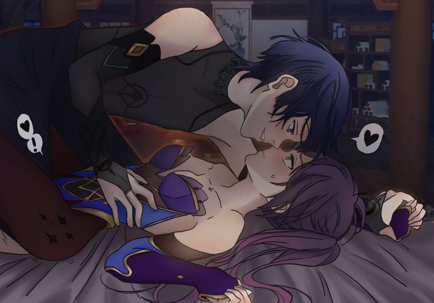 1boy1girl annoyed bare_shoulders bed blue_eyes blue_hair blue_leotard blush breasts closed_mouth clothed collarbone couple duo embarrassed eye_contact genshin_impact green_eyes grin half-closed_eyes hand_on_waist imminent_kiss indoors knee_between_legs knee_on_crotch knee_up laying_on_back laying_on_bed leotard looking_at_another male_on_top mona_(genshin_impact) neck oathoe3000 on_bed purple_hair romantic romantic_couple scaramouche_(genshin_impact) sleeveless sleeveless_shirt sleeveless_turtleneck small_breasts smile straight strapless strapless_leotard sweatdrop tied_hair turtleneck twintails