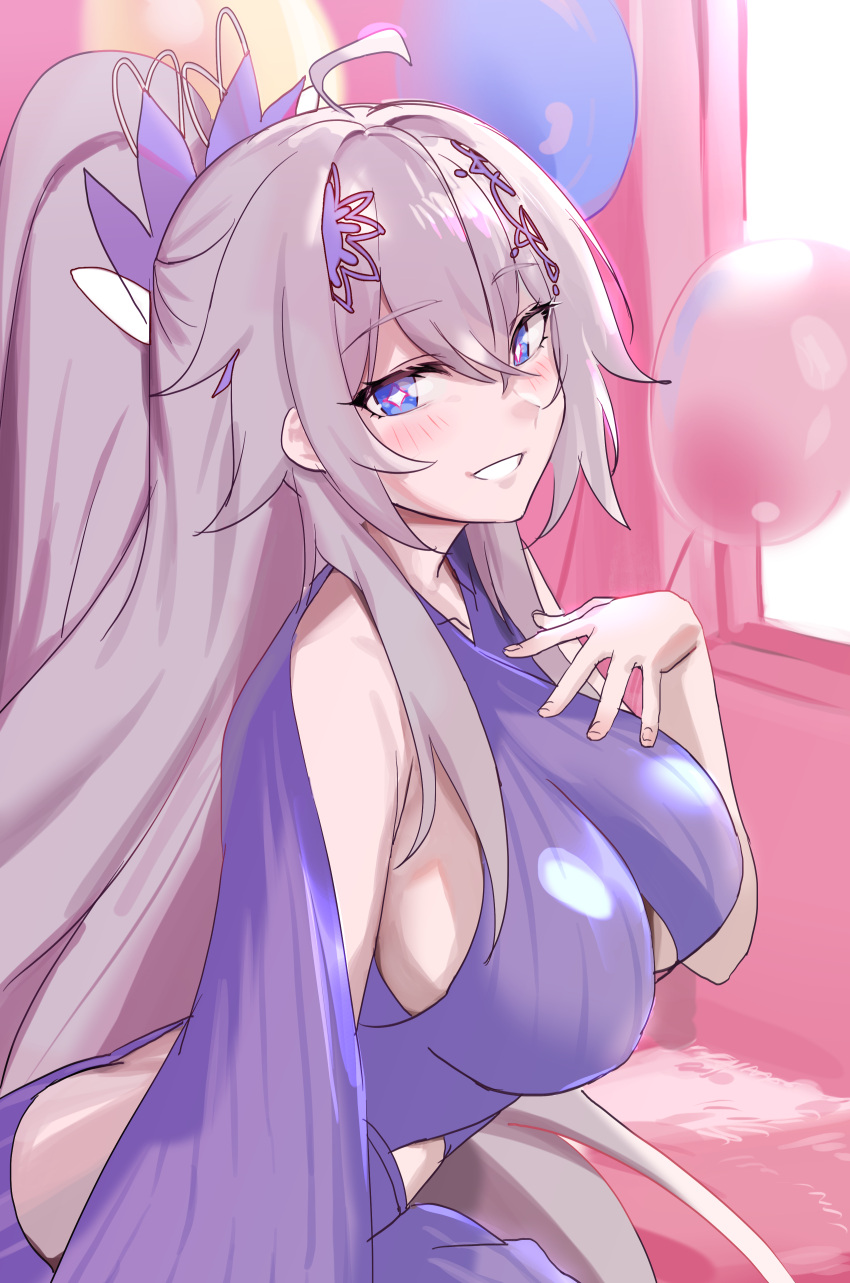 1girls female female_focus female_only hand_on_breast happy honkai_(series) honkai_impact_3rd kiana_kaslana kiana_kaslana_(void_drifter) large_breasts light-skinned_female light_skin long_hair looking_at_viewer ponytail purple_eyes saki_(remainaddd) smile smiling smiling_at_viewer white_hair