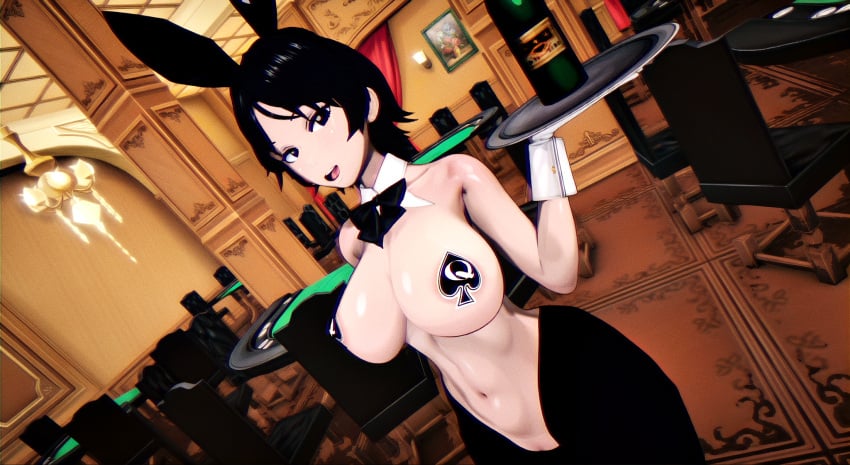 1girls 3d black_eyes bowtie bunny_costume bunny_ears bunny_girl bunnysuit casino curvy exposed_breasts exposed_pussy female holding_plate hollie_hawkes koikatsu large_ass large_breasts looking_at_viewer nipple_pasties open_mouth qos_clothing queen_of_spades reverse_bunnysuit scott_pilgrim self_upload sic_phuck smile wine_bottle