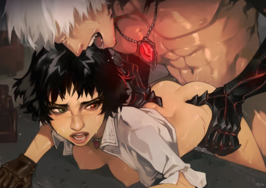 1boy abs bent_over black_gauntlets black_hair breasts brown_gloves character_request collared_shirt copyright_request cropped_shirt devil_may_cry_(series) female gem gloves green_eyes heterochromia highres jewelry lady_(devil_may_cry) looking_to_the_side navel necklace nipples open_clothes open_mouth open_shirt optionaltypo pectorals red_eyes red_gemstone red_lips scar scar_on_arm scar_on_face scar_on_leg scar_on_nose scar_on_stomach sex sex_from_behind shirt short_hair short_sleeves small_breasts straight teeth turning_head white_hair white_shirt