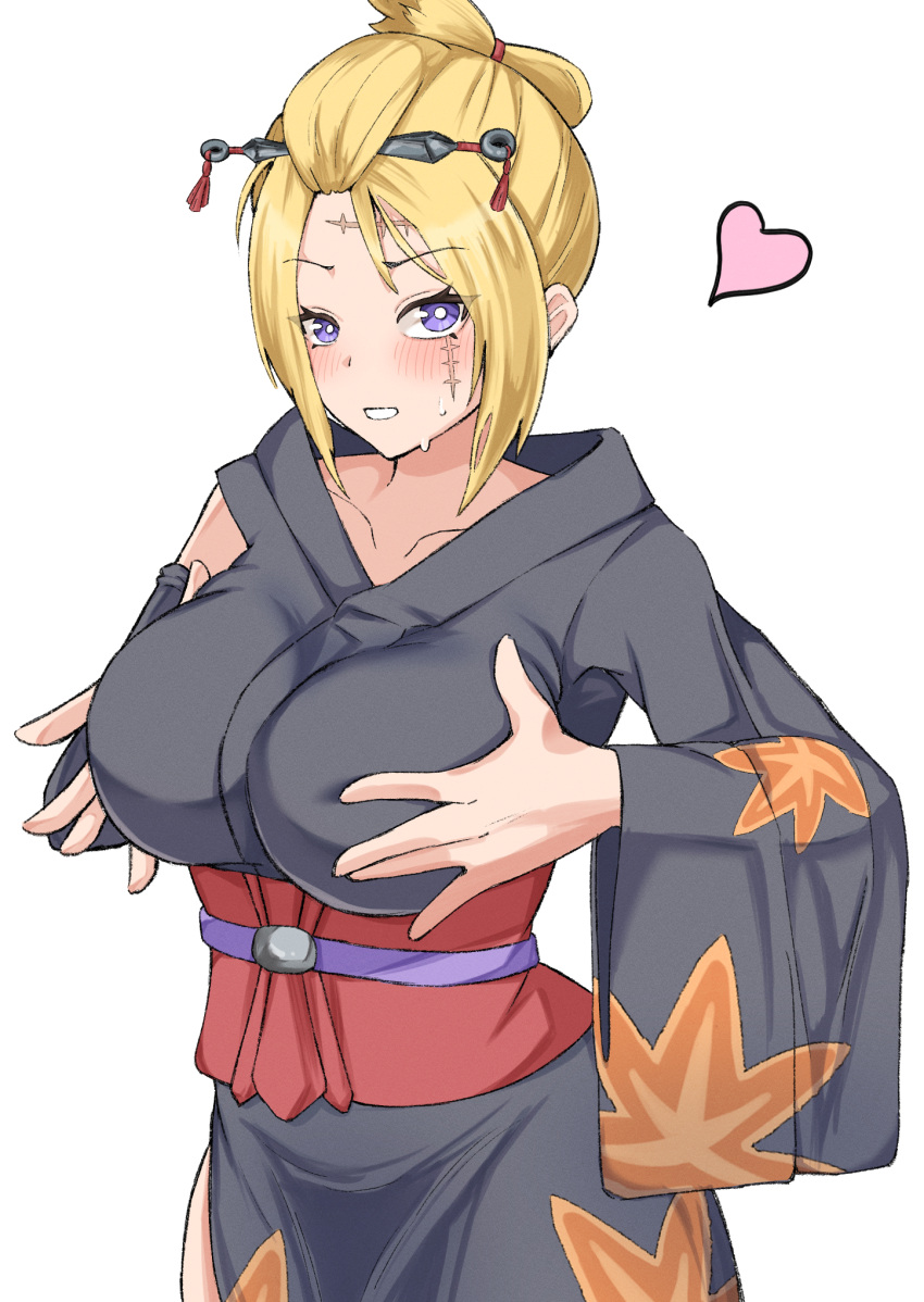 big_breasts blonde_hair blush breast_hold chonmage clothed clothing facial_scar female female_only fully_clothed gintama hair_ornament heart holding_breast kimono kunai looking_at_viewer nervous nofu_yama obi purple_eyes scar smile solo sweat teasing tied_hair tsukuyo white_background