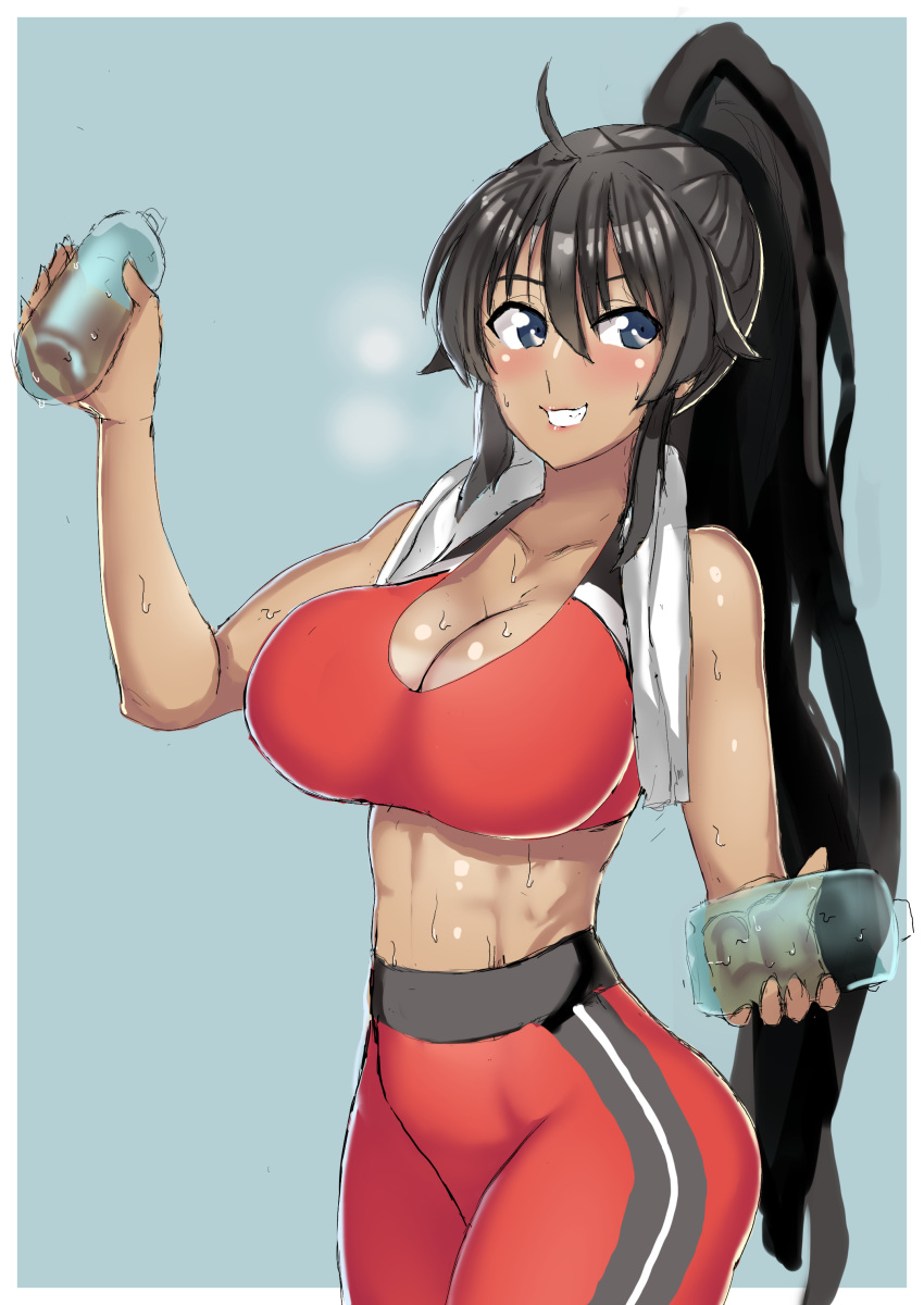 absurdres ahoge aqua_background arm_up black_hair blue_eyes bottle breasts cleavage collarbone dark-skinned_female dark_skin female gym_pants highres holding holding_bottle homura_(senran_kagura) jeaike_art large_breasts lips long_hair looking_at_viewer marvelous pants ponytail red_sports_bra senran_kagura shiny_skin sidelocks simple_background smile sports_bra sportswear sweat teeth towel towel_around_neck water_bottle