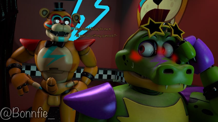 2boys alligator alligator_tail alligatorid alligatorid_humanoid animatronic anthro background bear biceps blue_eyes blue_nails blush blushing_male body_markings bonnfie_(artist) crocodile crocodile_tail crocodilian crocodylid dialogue dialogue_bubble english english_text erect_penis facial_markings five_nights_at_freddy's five_nights_at_freddy's:_security_breach fnaf glamrock_freddy_(fnaf) glowing_eyes green_body lighting_bolt looking_back machine male male/male male_focus male_only mohawk mohawk_(hairstyle) montgomery_gator_(fnaf) muscular muscular_anthro muscular_arms muscular_male muscular_thighs non-human non_mammalian_nipples orange_body pauldrons pink_glans precum precum_drip precum_on_penis precum_string red_hair reptile reptile_humanoid robot robot_humanoid scottgames simple_background spiked_bracelet spotted_body steel_wool_studios sunglasses_on_head sweating tail tail_markings tattoo two_tone_body two_tone_fur ursid ursid_humanoid ursine worried