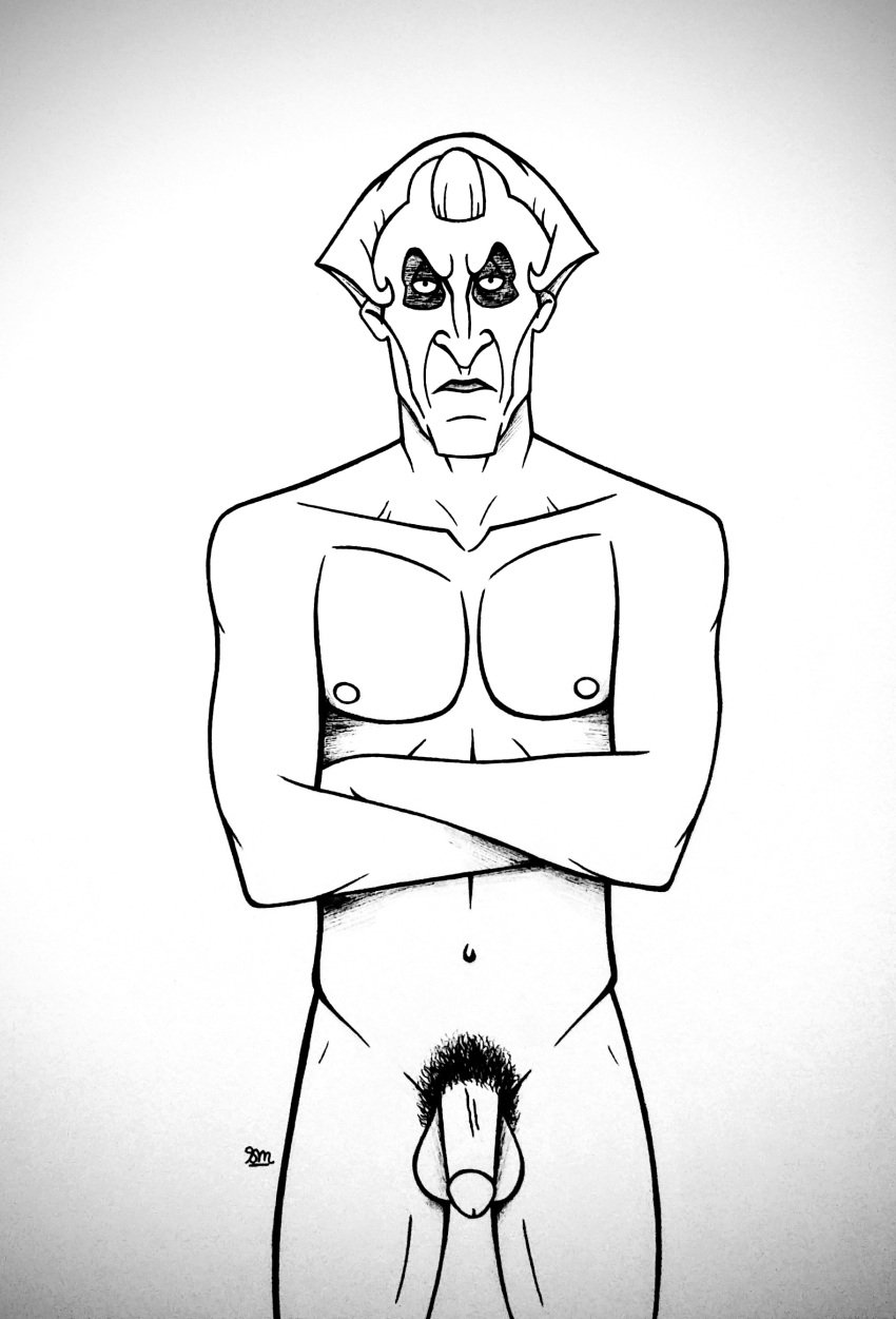 annoyed balls cock crossed_arms disney disney_villains judge_claude_frollo madamesam naked_male nipples old_man pecs pubic_hair sole_male standing tasteful_nudity the_hunchback_of_notre_dame unamused