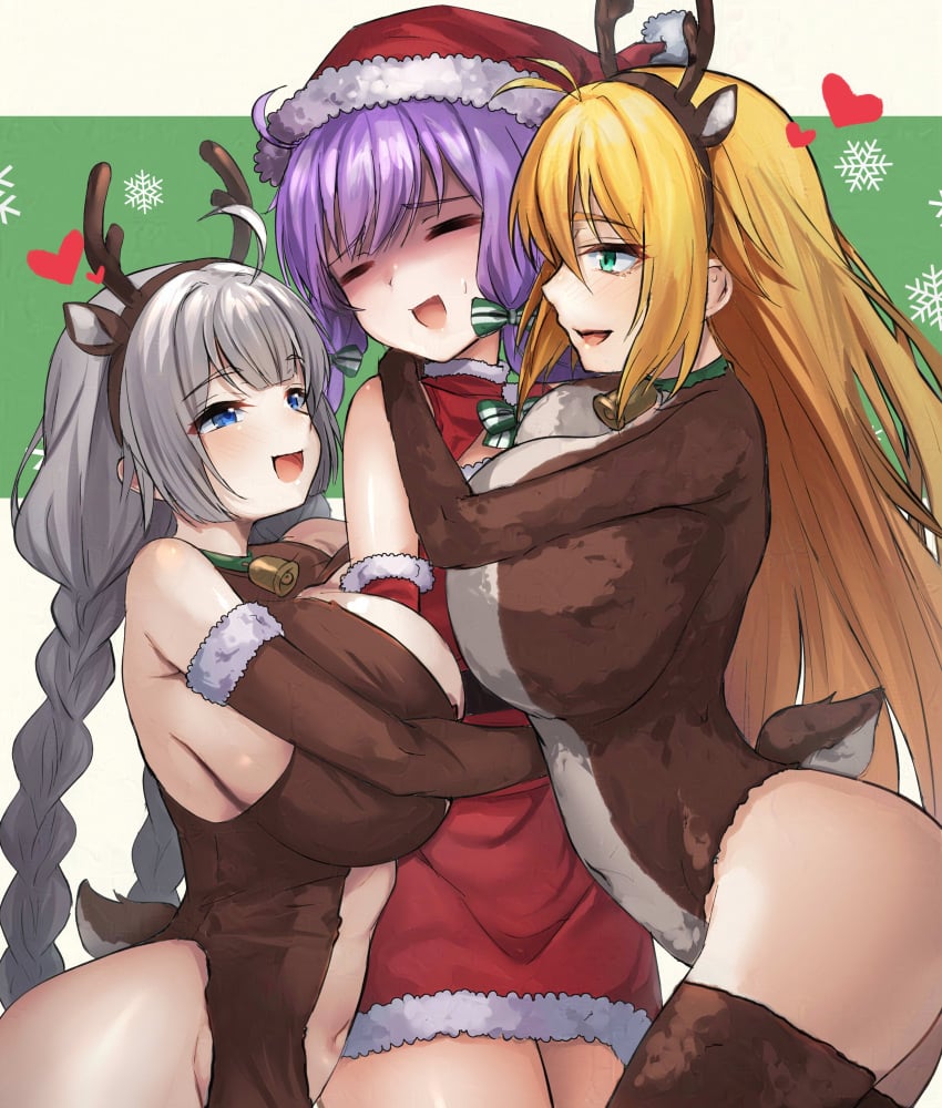 3girls absurdres animal_costume annoyed bell blonde_hair blue_eyes braid breast_envy breast_press breast_size_difference breasts christmas closed_eyes commentary_request fake_antlers flat_chest girl_sandwich green_eyes grey_hair hat highres hug huge_breasts impossible_clothes impossible_leotard kizuna_akari leotard long_hair matching_outfits multiple_girls navel neck_bell open_mouth oppai purple_hair reindeer_costume sandwiched santa_costume santa_hat smile snowflakes tenneko_yuuri tsurumaki_maki twin_braids very_long_hair voiceroid yuzuki_yukari