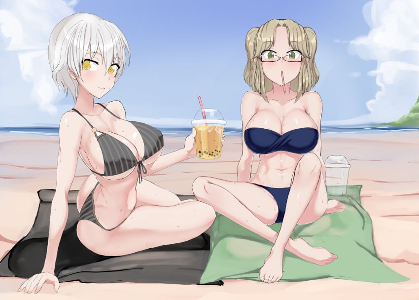 2girls beach bikini birthday blonde_hair blue_bikini blue_sky breasts collarbone cup disposable_cup drink drinking_straw drinking_straw_in_mouth glasses green_eyes hand_on_ground happy_birthday highres holding holding_drink horizon imu_(senran_kagura) jeaike_art large_breasts looking_at_viewer marvelous miyabi_(senran_kagura) multiple_girls navel outdoors parted_bangs sand senran_kagura shiny_skin short_hair sitting sky smile stomach striped striped_bikini sweat swimsuit tomboy water wet white_hair yellow_eyes