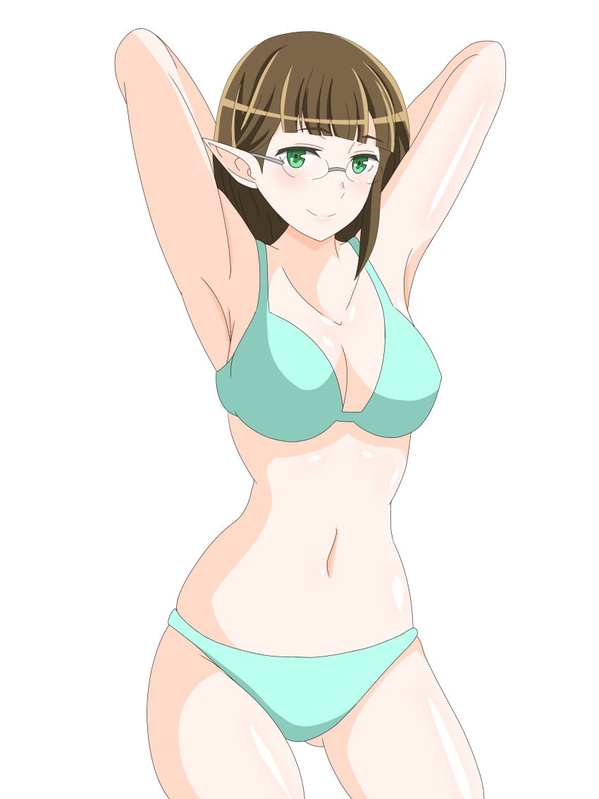 1girls aqua_bikini armpits arms_behind_head big_breasts bikini blush breasts brown_hair busty cleavage confident dungeon_ni_deai_wo_motomeru_no_wa_machigatteiru_darou_ka eina_tulle elf female female_only glasses green_eyes half-closed_eyes highres large_breasts legs mature_female navel pointy_ears pose posing seductive seductive_look seductive_smile sensual short_hair smile solo swimsuit thighs voluptuous