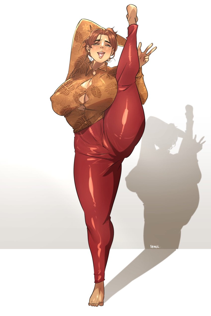 1girls arm_behind_head big_breasts breasts brown_eyes brown_hair brown_shirt feet female female_only full_body huge_breasts jerukperas legs lips mature mature_female mature_woman milf mirah_(waifusplit) one_leg_raised one_leg_up original original_character pants raised_leg red_pants shadow shirt smile solo solo_female thighs