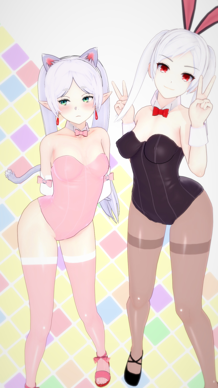 2girls 3d alternate_costume arms_behind_back bare_thighs blush breasts bunny_ears bunny_girl bunnysuit catgirl crossover double_v earrings elf embarrassed female female_only fire_emblem fire_emblem_awakening frieren green_eyes grey_hair grima_(fire_emblem) koikatsu leotard long_hair looking_at_viewer looking_away medium_breasts medium_hair mike_oxlong more_at_source multiple_girls nintendo pantyhose pointy_ears red_eyes robin_(fire_emblem) robin_(fire_emblem)_(female) small_breasts smile sousou_no_frieren tail thighhighs thighs v very_long_hair white_hair