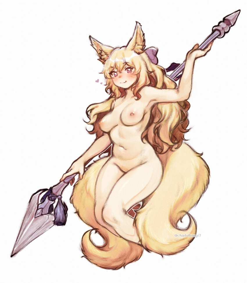 animal_ear_fluff animal_ears blonde_hair blush bow breasts chadolbaegi commentary commission copyright_request english_commentary female female_pubic_hair hairbow heart highres holding holding_polearm holding_weapon long_hair looking_at_viewer medium_breasts multiple_tails navel nipples nude pink_eyes polearm pubic_hair purple_bow simple_background smile solo tail twitter_username very_long_hair weapon weapon_behind_back white_background