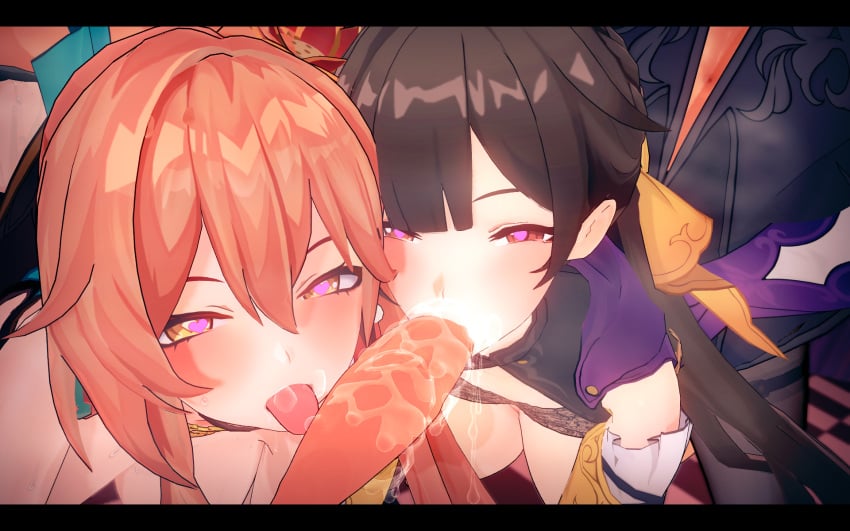 2girls fellatio guinaifen_(honkai:_star_rail) heartshaped_pupils hetero honkai:_star_rail huge_breasts koikatsu mihoyo multiple_girls oral sucking_penis sushang_(honkai:_star_rail) tongue_out twintails