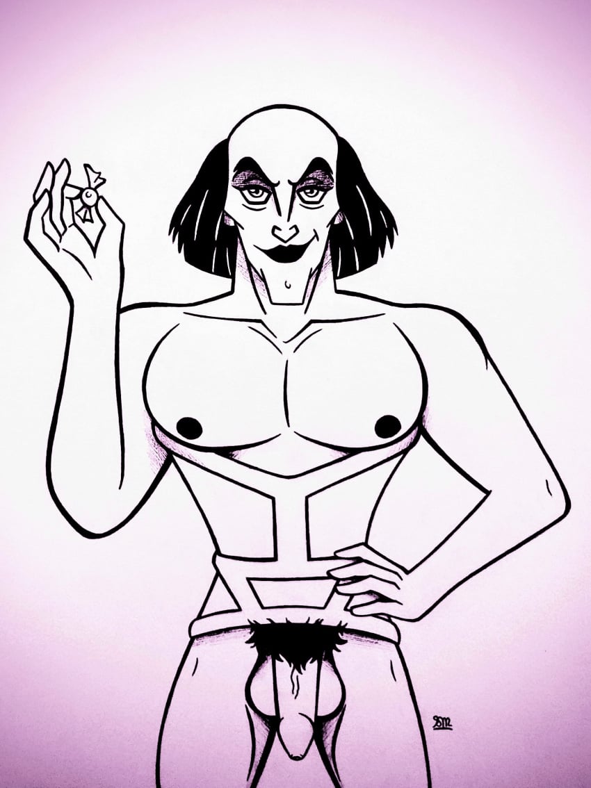 bald bald_man balls cock corset disney disney_villains hand_on_hip holding_candy madamesam male_only pecs penis pubic_hair sarousch skinny smiling standing tasteful_nudity the_hunchback_of_notre_dame uncircumcised