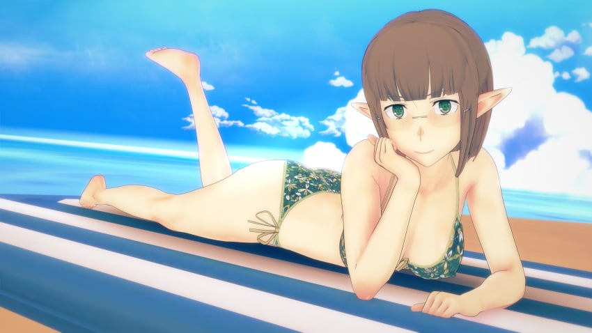 1girls 3d arm_support barefoot beach big_ass big_breasts bikini brown_hair busty cleavage covered_nipples dungeon_ni_deai_wo_motomeru_no_wa_machigatteiru_darou_ka eina_tulle elf erect_nipples_under_clothes feet female female_only green_bikini hi_res legs looking_at_viewer lying lying_on_stomach ocean on_stomach pointy_ears pose posing sensual short_hair smile solo swimsuit the_pose thighs voluptuous water